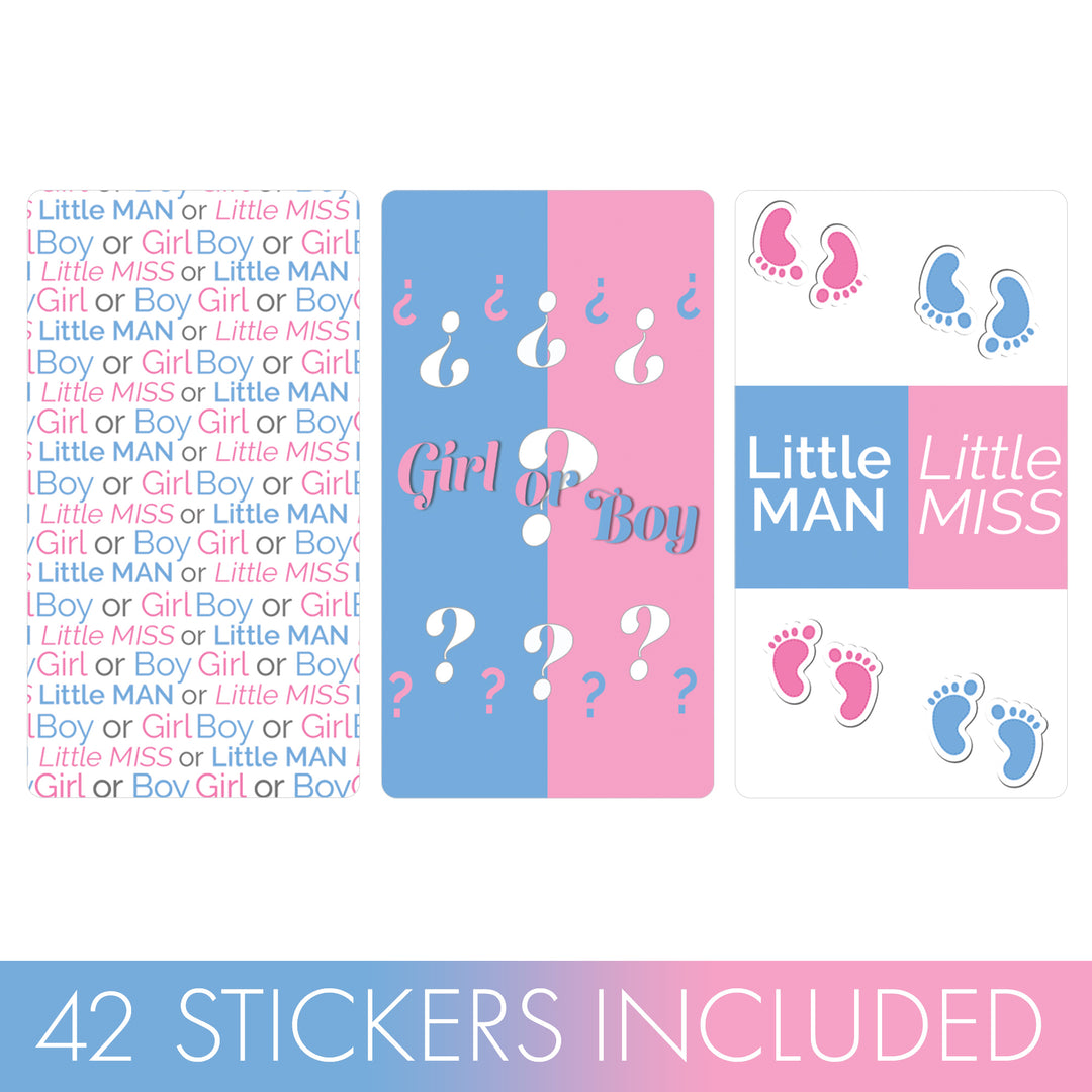 Gender Reveal Party: Little Man or Little Miss - Mini Candy Bar Stickers - Fit on Hershey® Miniatures - 42 Count