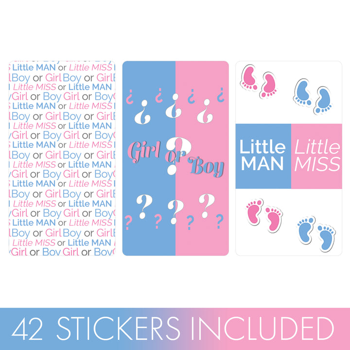 Gender Reveal Party: Little Man or Little Miss - Mini Candy Bar Stickers - Fit on Hershey® Miniatures - 42 Count