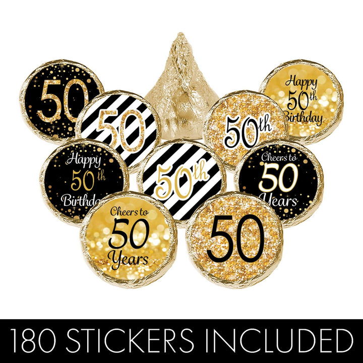 50th Birthday: Black & Gold - Fits on Hershey's Kisses - 180 Stickers - Distinctivs Party