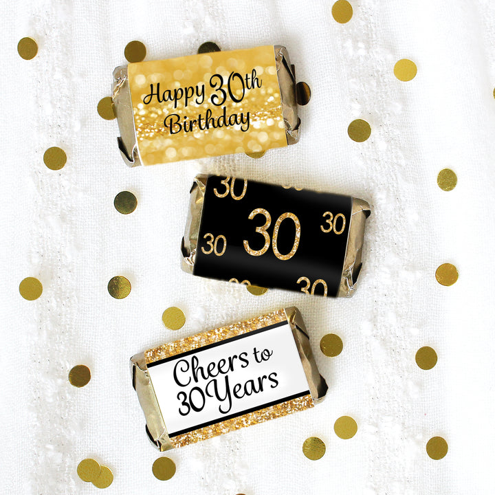 30.º cumpleaños: negro y dorado - Pegatinas para envoltorios de barra de caramelos en miniatura de Hershey's - 45 pegatinas