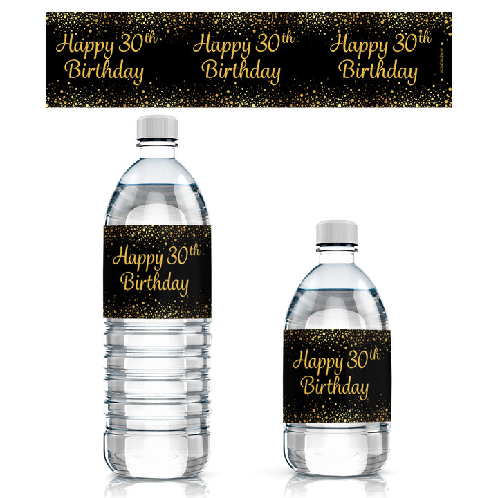 30 cumpleaños: negro y dorado - Etiquetas para botellas de agua - 24 pegatinas