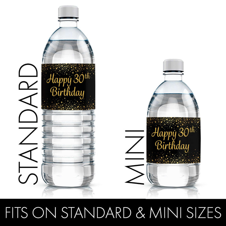 30th Birthday: Black & Gold - Water Bottle Labels - 24 Stickers - Distinctivs Party