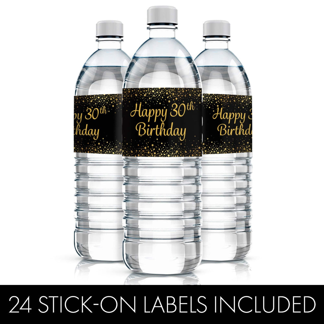 30th Birthday: Black & Gold - Water Bottle Labels - 24 Stickers - Distinctivs Party