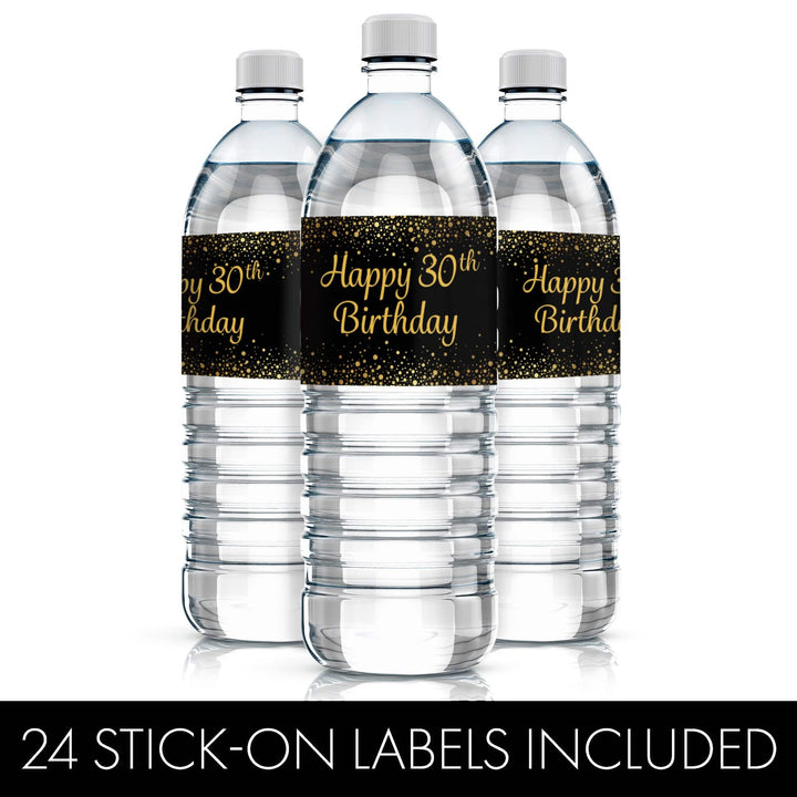 30th Birthday: Black & Gold - Water Bottle Labels - 24 Stickers - Distinctivs Party