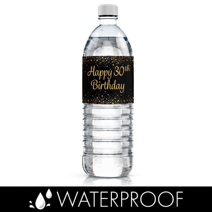 30th Birthday: Black & Gold - Water Bottle Labels - 24 Stickers - Distinctivs Party