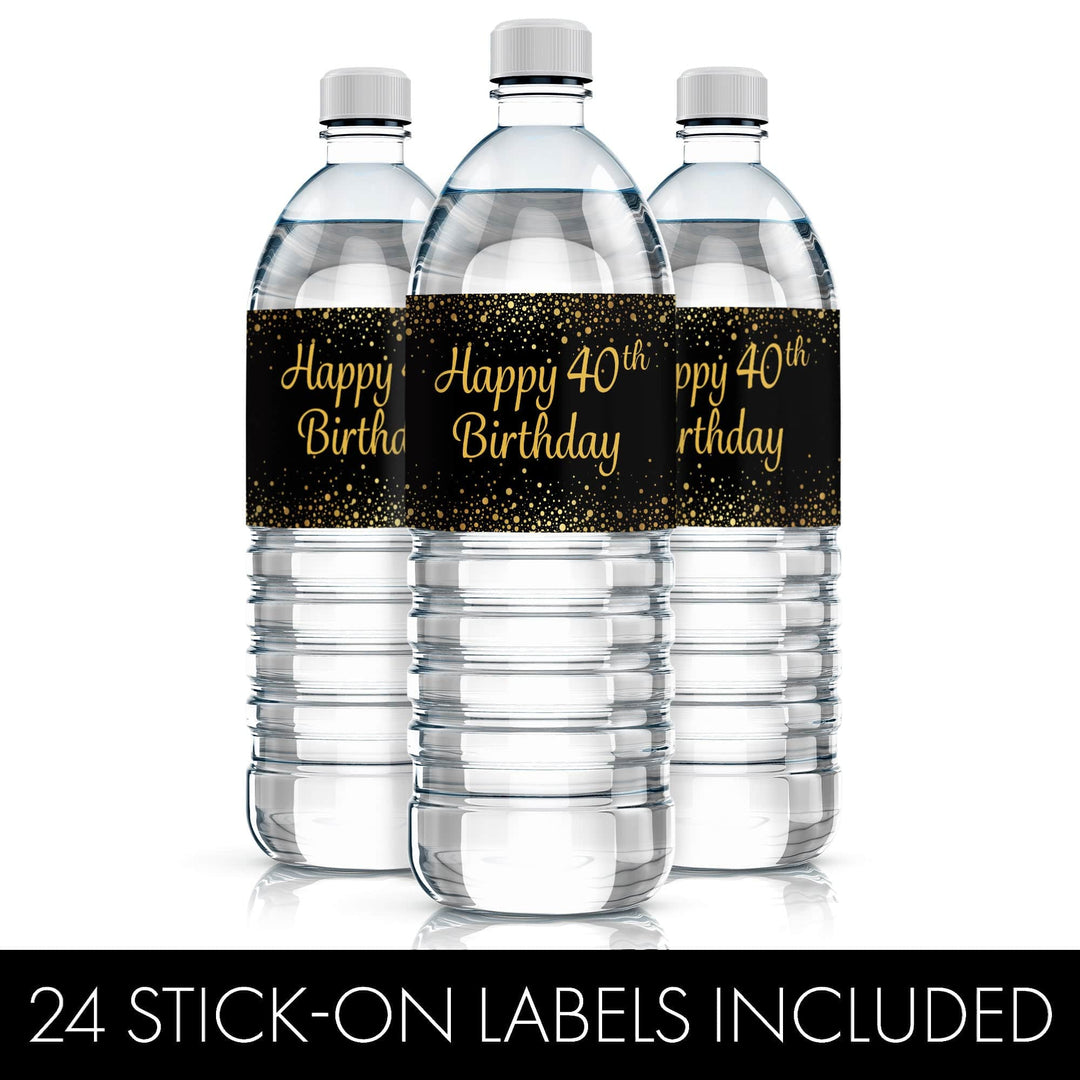 40th Birthday: Black & Gold - Water Bottle Labels - 24 Stickers - Distinctivs Party