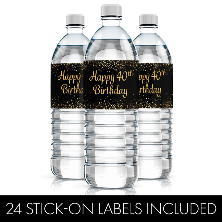 40th Birthday: Black & Gold - Water Bottle Labels - 24 Stickers - Distinctivs Party