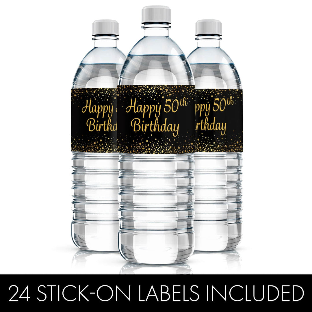 50th Birthday: Black & Gold - Water Bottle Labels - 24 Stickers - Distinctivs Party