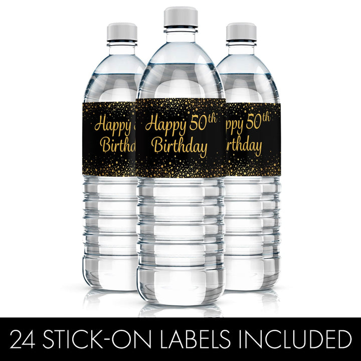 50th Birthday: Black & Gold - Water Bottle Labels - 24 Stickers - Distinctivs Party