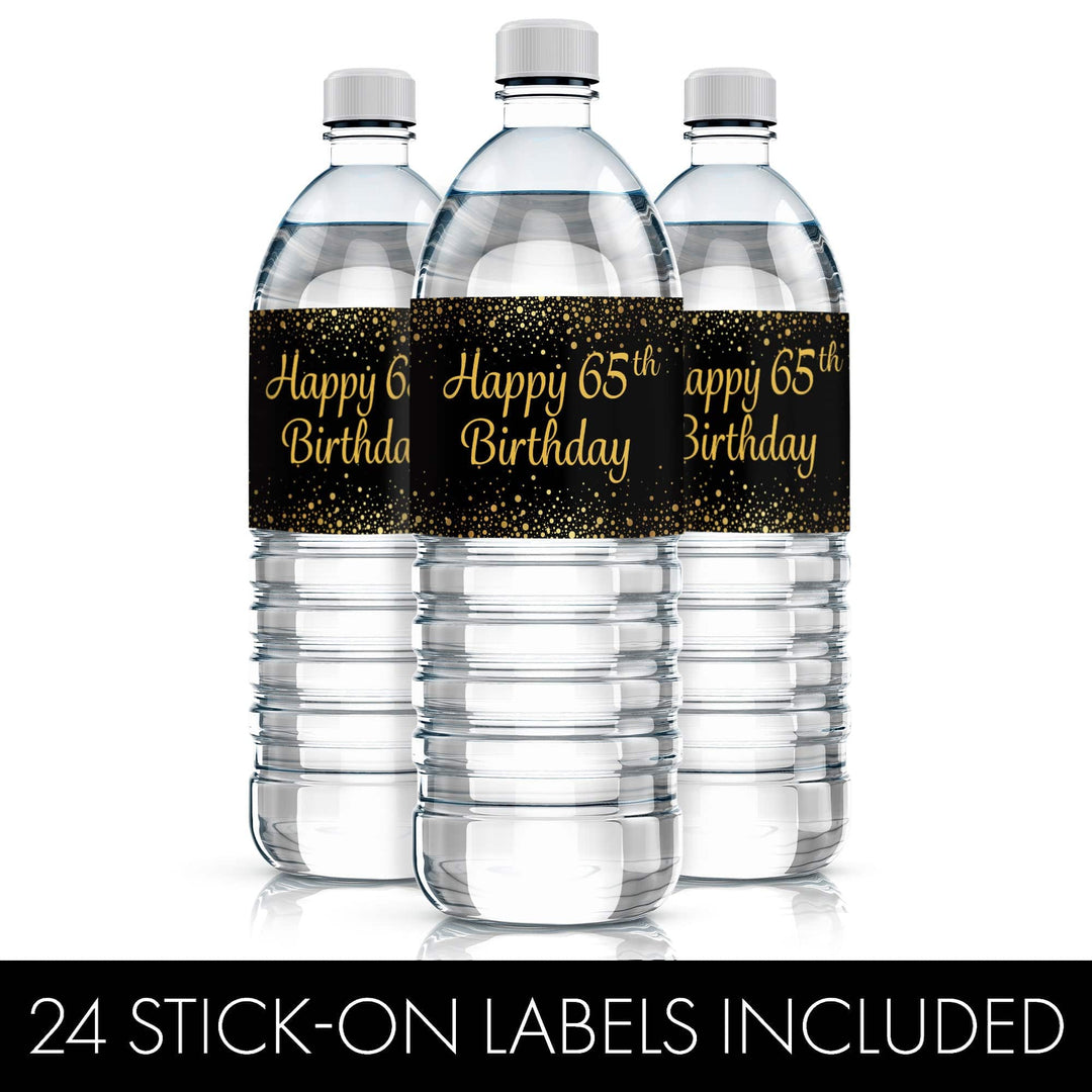 65th Birthday: Black & Gold - Adult Birthday -  Water Bottle Labels - 24 Stickers - Distinctivs Party