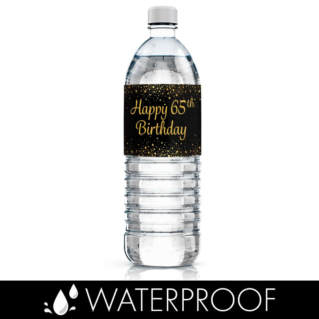 65th Birthday: Black & Gold - Adult Birthday -  Water Bottle Labels - 24 Stickers - Distinctivs Party