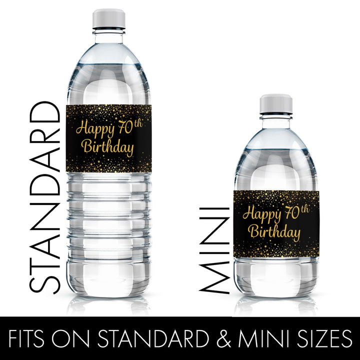 70th Birthday: Black & Gold - Adult Birthday -  Water Bottle Labels - 24 Stickers - Distinctivs Party