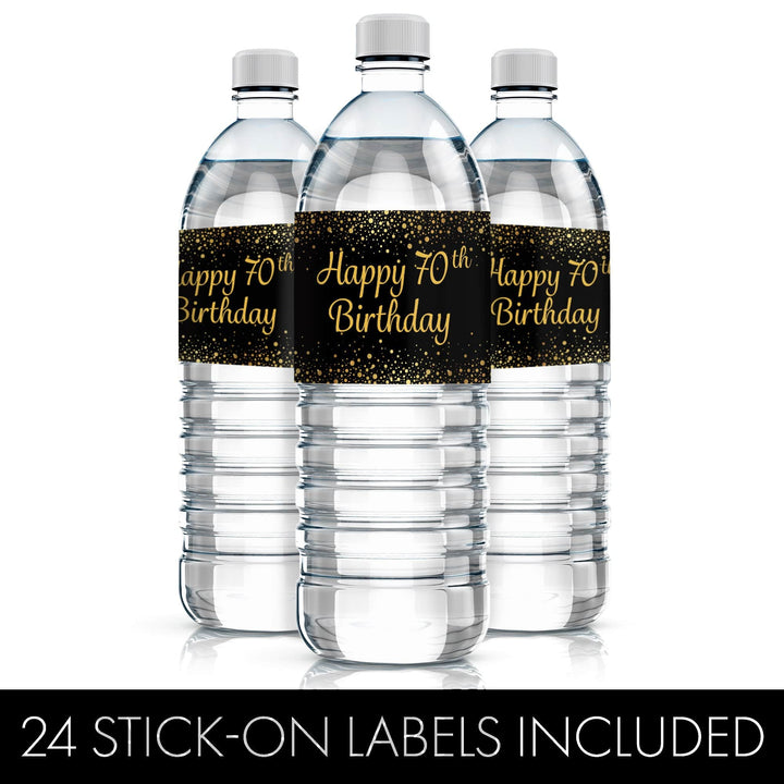 70th Birthday: Black & Gold - Adult Birthday -  Water Bottle Labels - 24 Stickers - Distinctivs Party