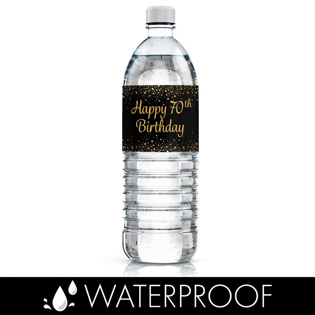 70th Birthday: Black & Gold - Adult Birthday -  Water Bottle Labels - 24 Stickers - Distinctivs Party