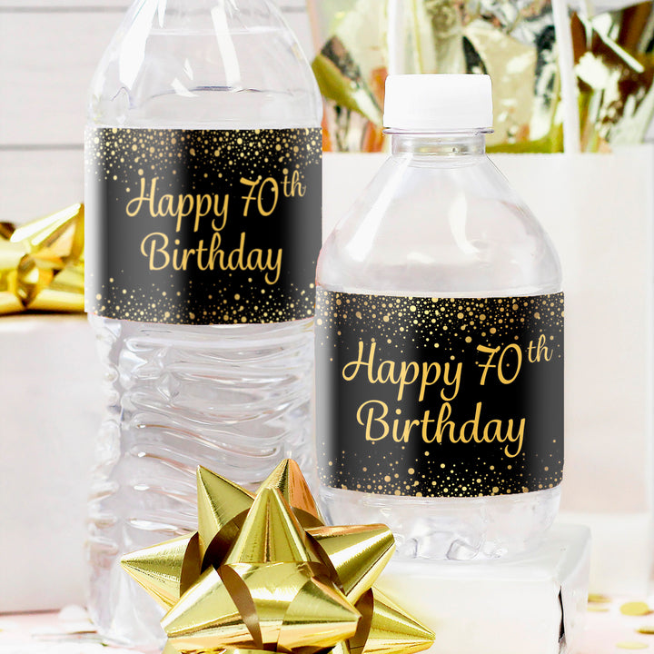70th Birthday: Black & Gold - Adult Birthday -  Water Bottle Labels - 24 Stickers