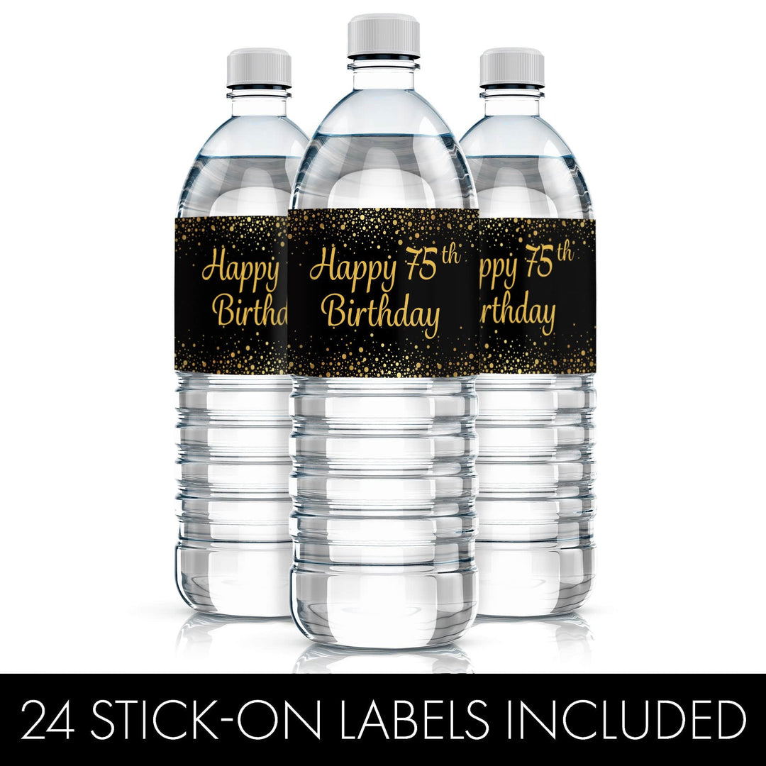 75th Birthday: Black & Gold - Adult Birthday - Water Bottle Labels - 24 Stickers - Distinctivs Party