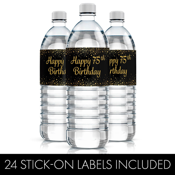 75th Birthday: Black & Gold - Adult Birthday - Water Bottle Labels - 24 Stickers - Distinctivs Party