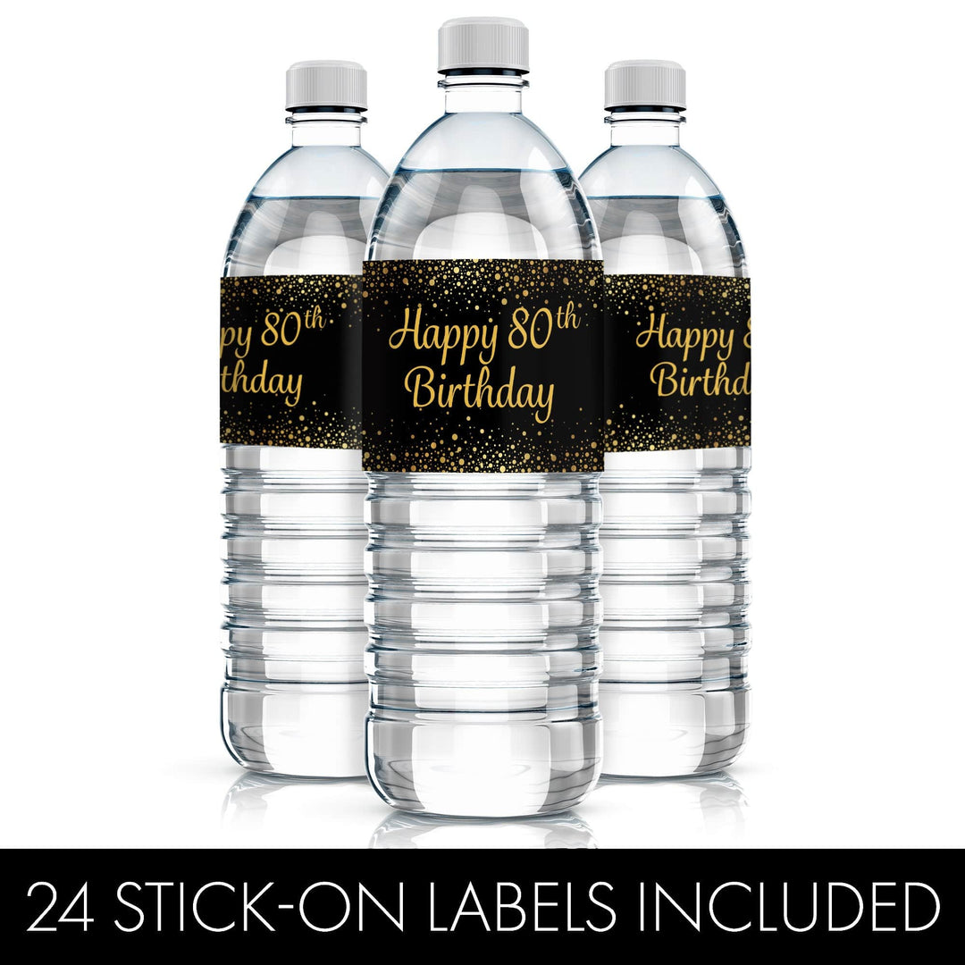 80th Birthday: Black & Gold - Adult Birthday -  Water Bottle Labels - 24 Stickers - Distinctivs Party