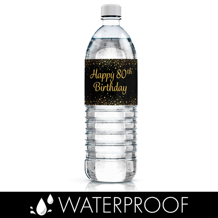 80th Birthday: Black & Gold - Adult Birthday -  Water Bottle Labels - 24 Stickers - Distinctivs Party