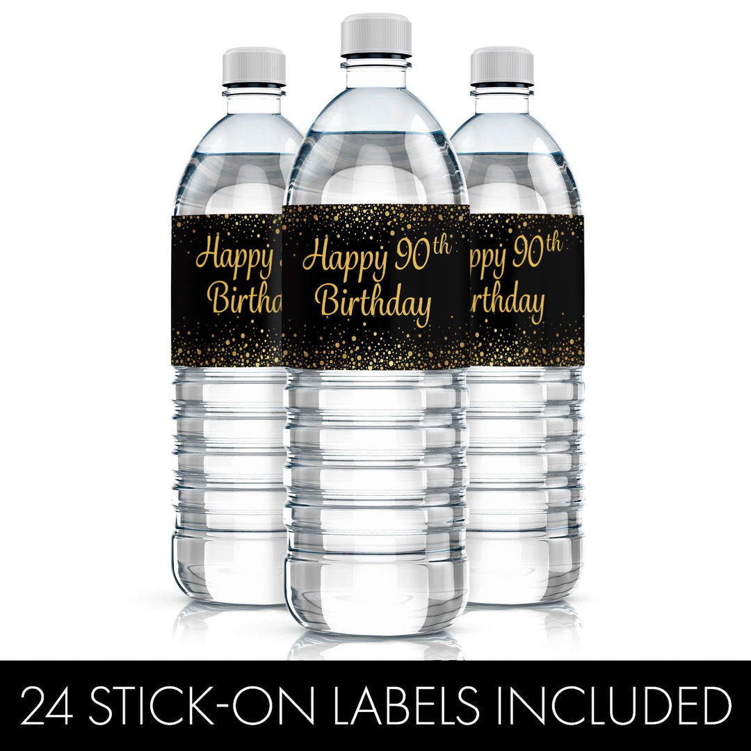 90th Birthday: Black & Gold - Adult Birthday - Water Bottle Labels - 24 Stickers - Distinctivs Party