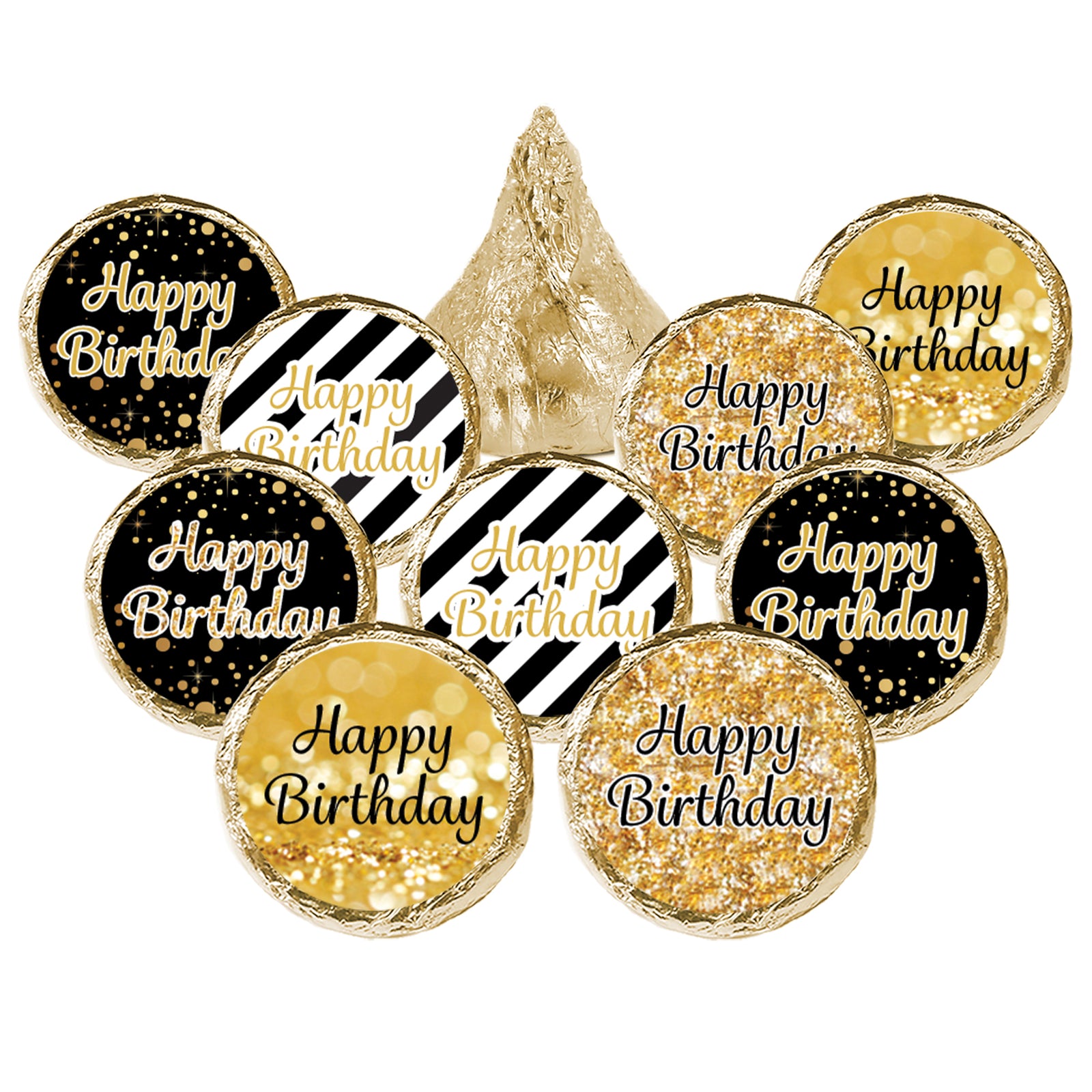 Black and Gold Birthday: Party Favor Stickers - Fits on Hershey® Kisses - 180 Stickers - Distinctivs Party