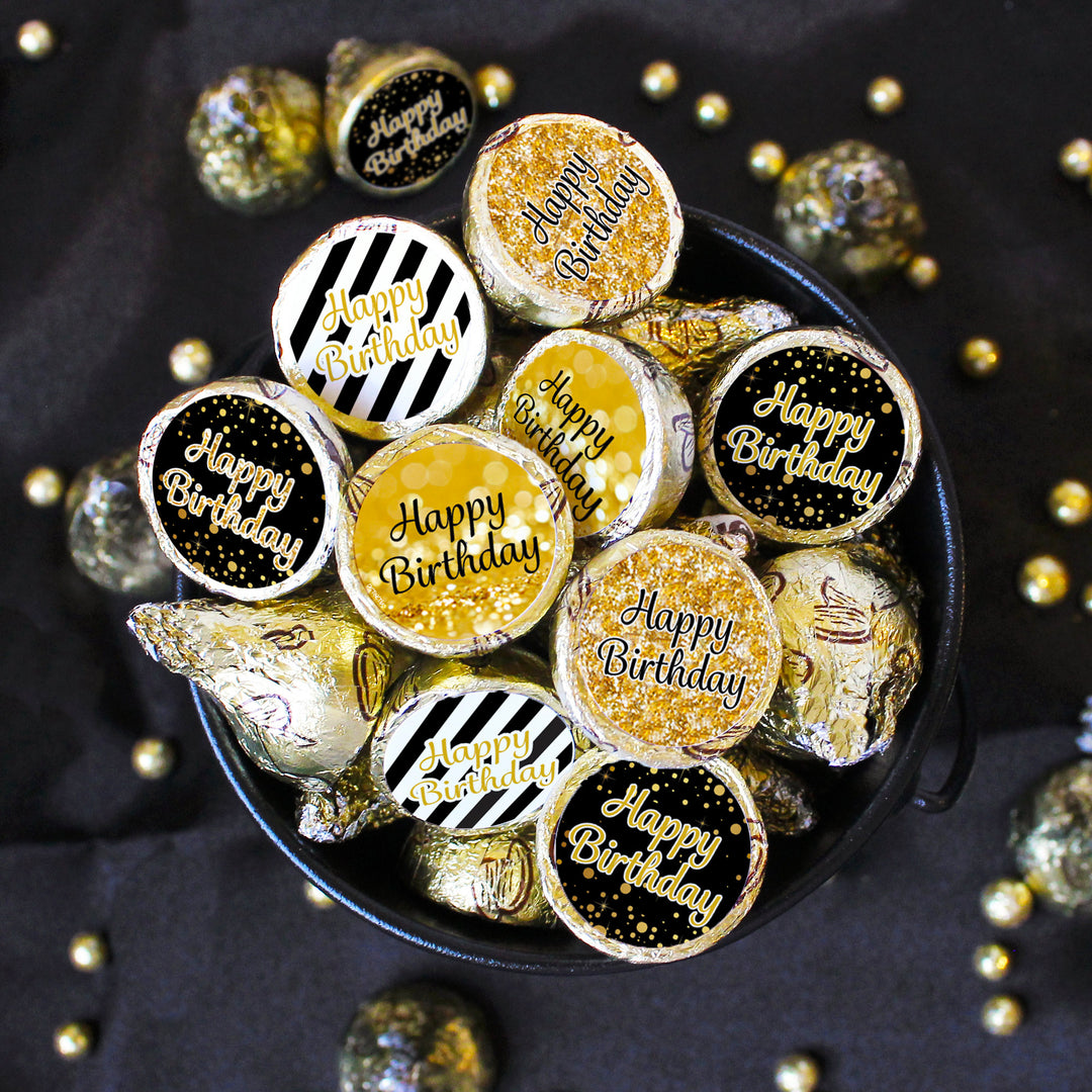 Black and Gold Birthday: Party Favor Stickers - Fits on Hershey® Kisses - 180 Stickers