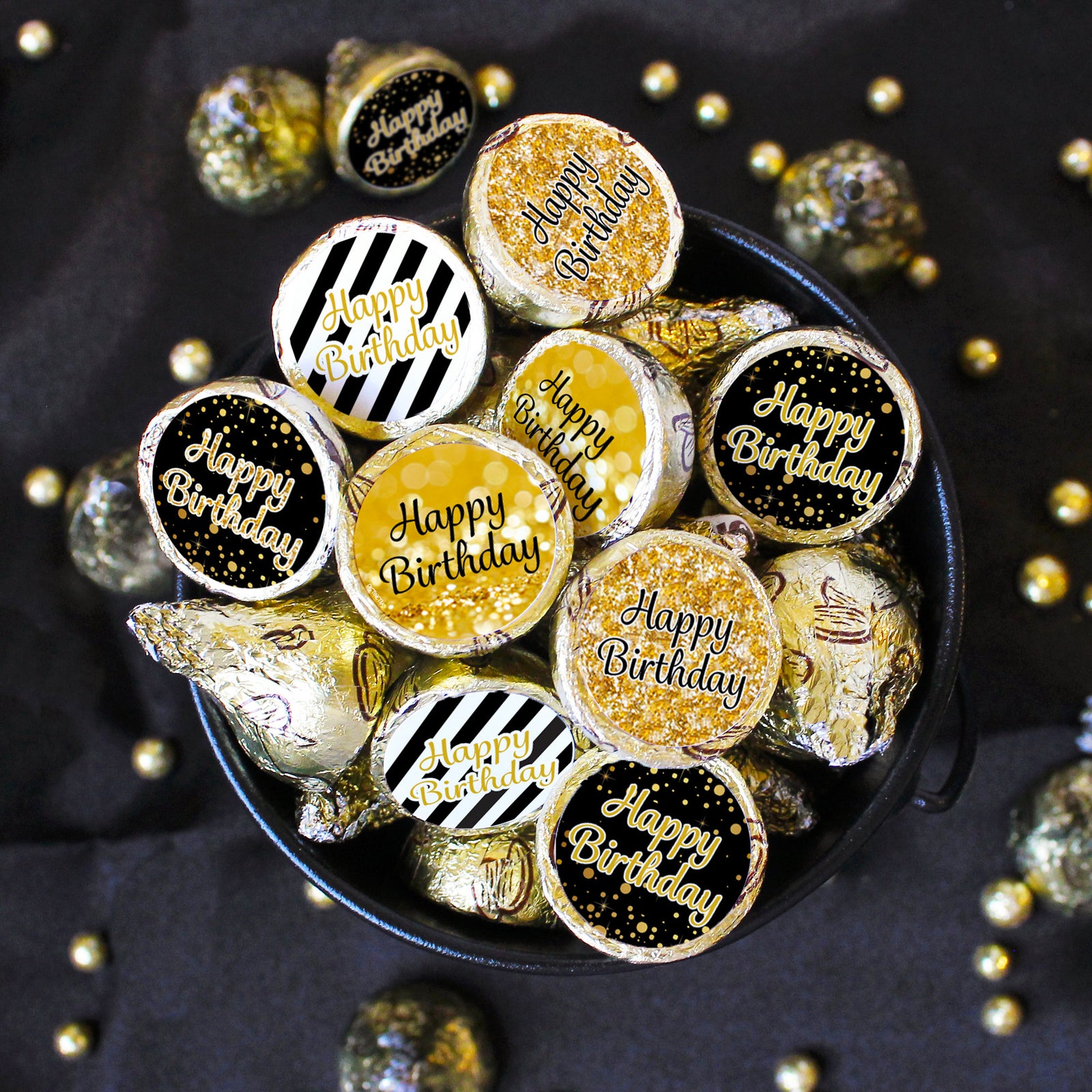 Black and Gold Birthday: Party Favor Stickers - Fits on Hershey® Kisses - 180 Stickers - Distinctivs Party
