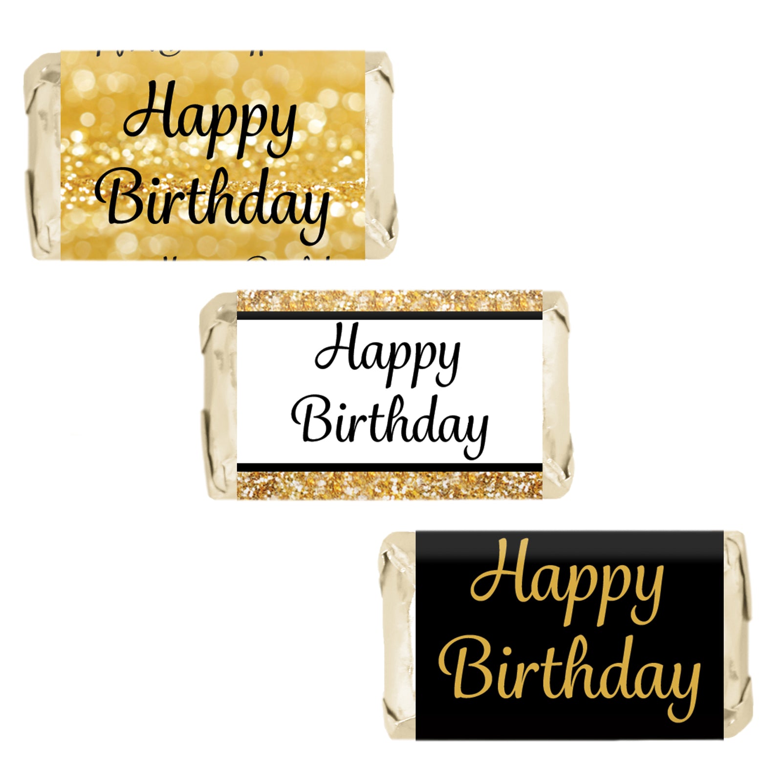 Black and Gold Birthday:  Party Favor Stickers -  Mini Chocolate Candy Bar Wrapper Labels - Fits on Hershey® Miniatures - 45 Stickers - Distinctivs Party