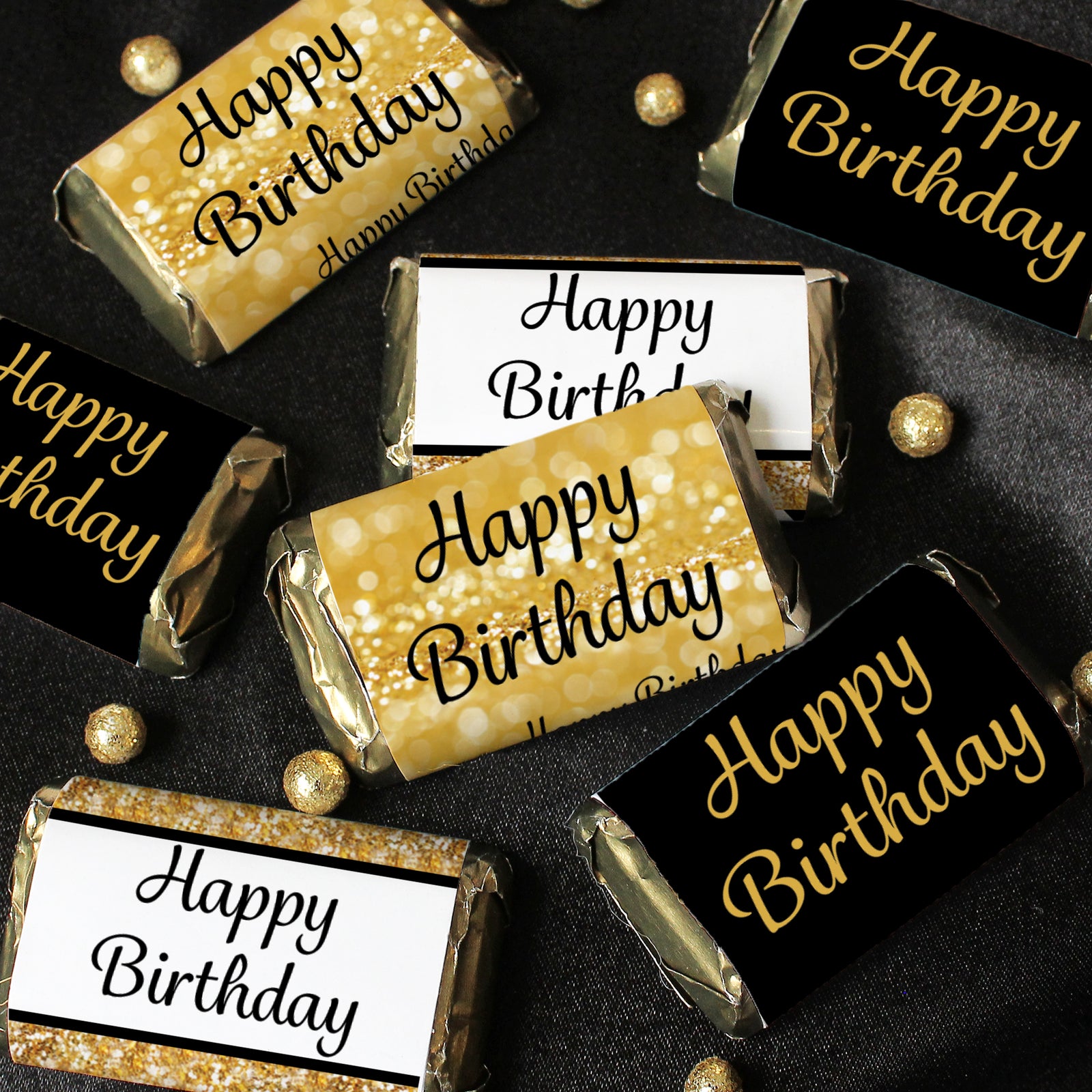 Black and Gold Birthday:  Party Favor Stickers -  Mini Chocolate Candy Bar Wrapper Labels - Fits on Hershey® Miniatures - 45 Stickers - Distinctivs Party