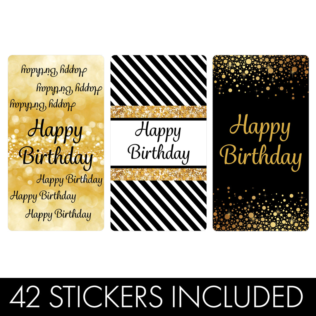 Black and Gold Birthday:  Party Favor Stickers -  Mini Chocolate Candy Bar Wrapper Labels - Fits on Hershey® Miniatures - 42 Stickers