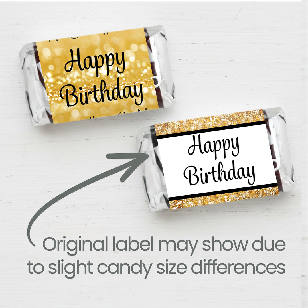 Black and Gold Birthday:  Party Favor Stickers -  Mini Chocolate Candy Bar Wrapper Labels - Fits on Hershey® Miniatures - 42 Stickers