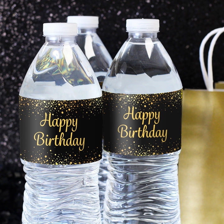 Black and Gold Birthday: Water Bottle Labels - 24 Waterproof Stickers