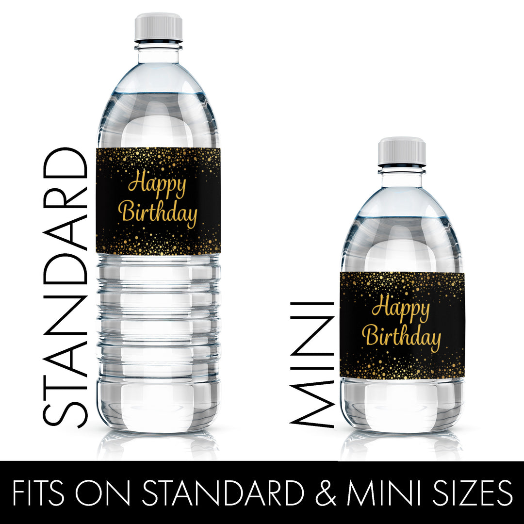 Black and Gold Birthday: Water Bottle Labels - 24 Waterproof Stickers