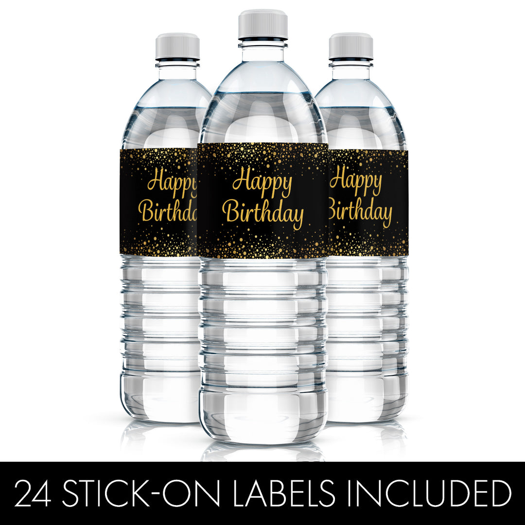 Black and Gold Birthday: Water Bottle Labels - 24 Waterproof Stickers