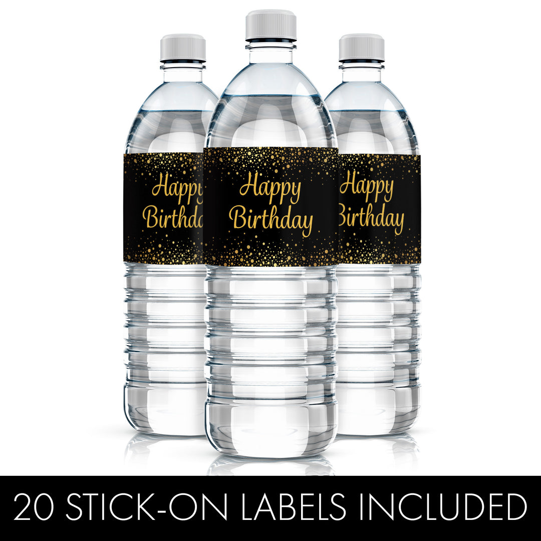 Black and Gold Birthday: Water Bottle Labels - 20 Waterproof Stickers