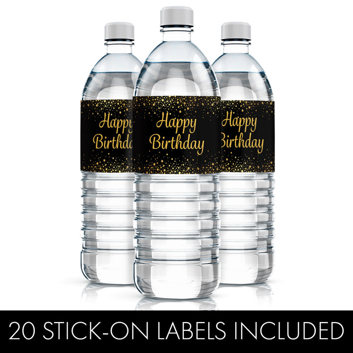 Black and Gold Birthday: Water Bottle Labels - 20 Waterproof Stickers