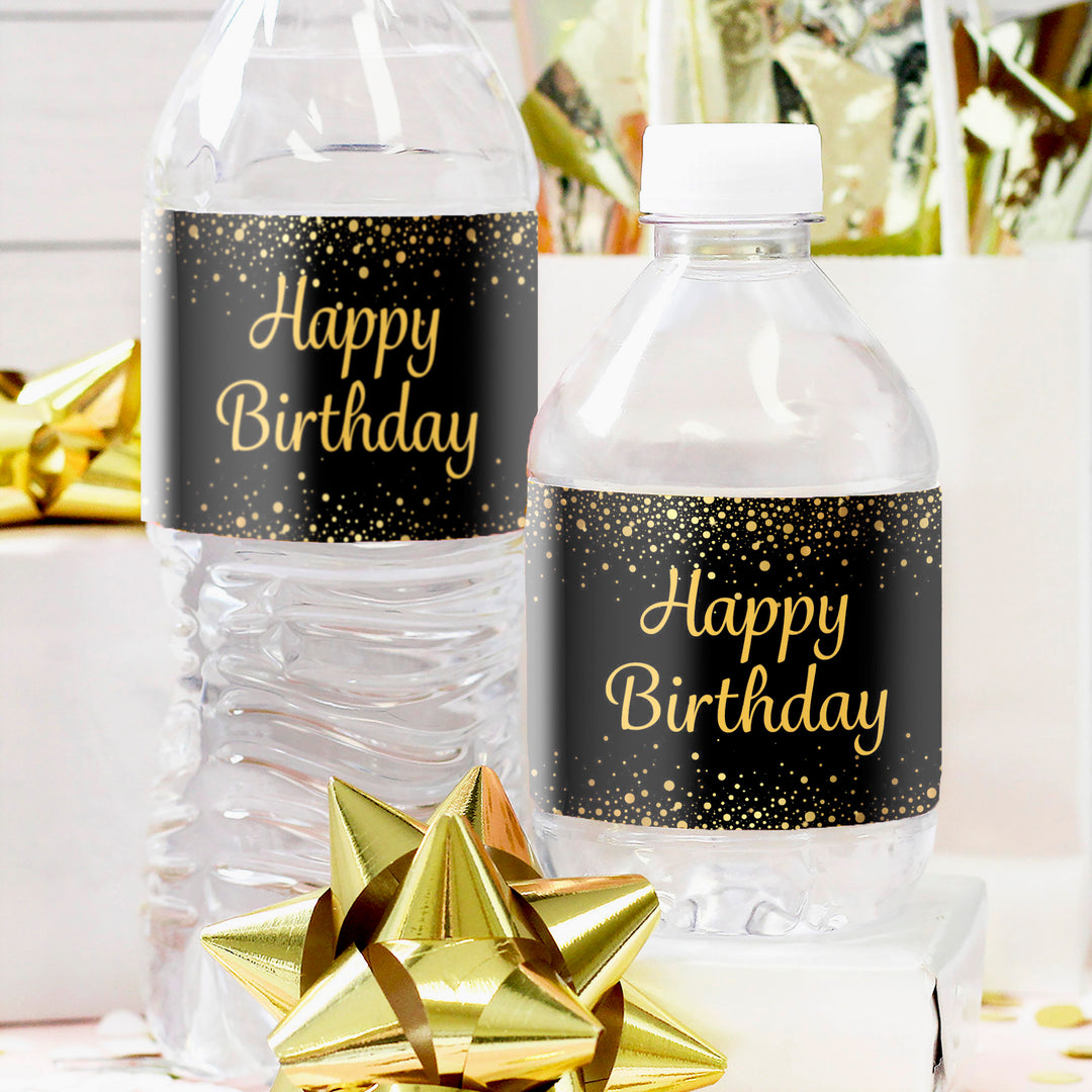 Black and Gold Birthday: Water Bottle Labels - 24 Waterproof Stickers