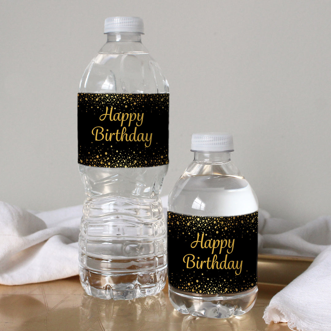 Black and Gold Birthday: Water Bottle Labels - 24 Waterproof Stickers