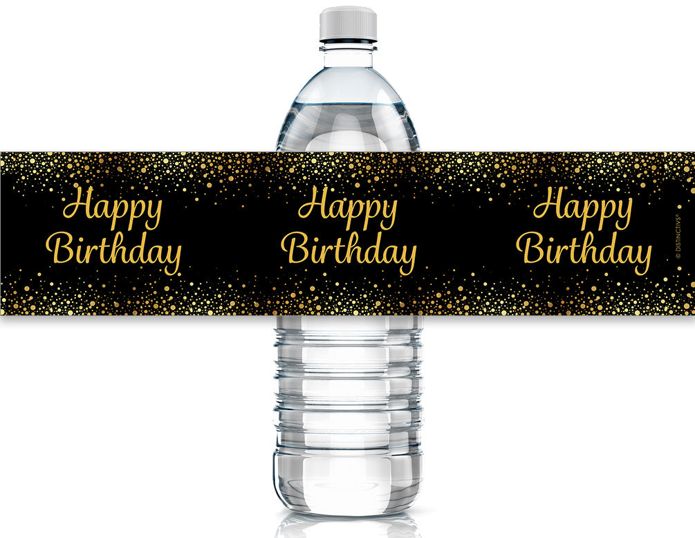 Black and Gold Birthday: Water Bottle Labels - 24 Waterproof Stickers