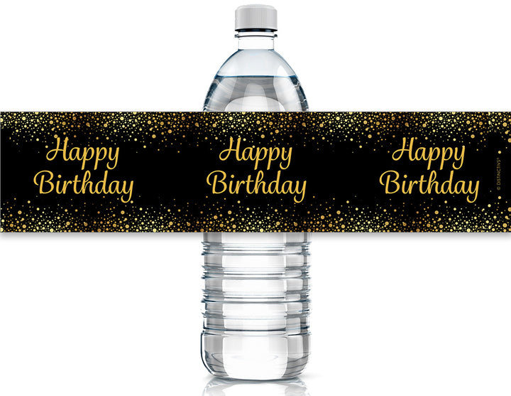 Black and Gold Birthday: Water Bottle Labels - 24 Waterproof Stickers