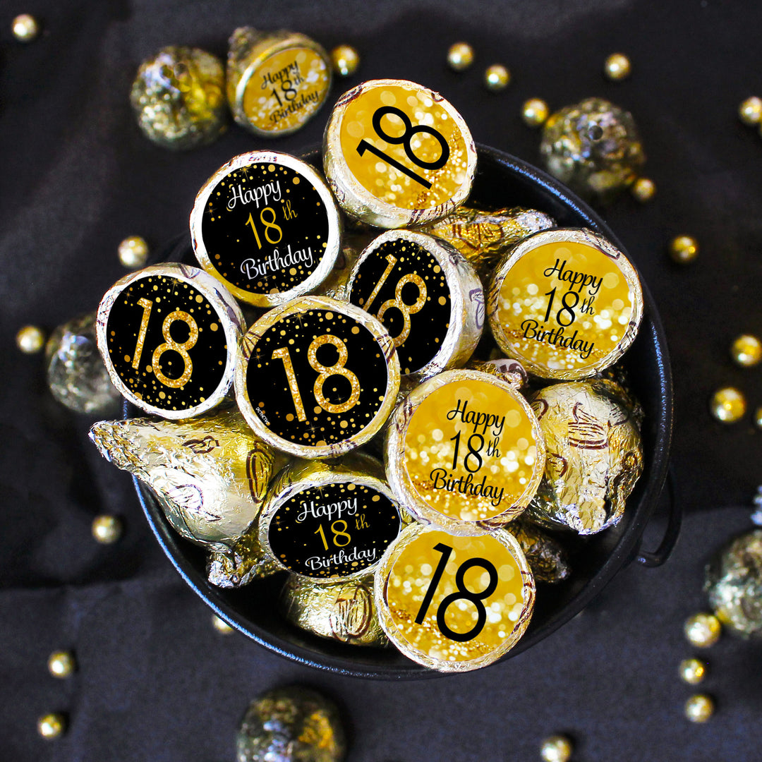 18th Birthday: Black and Gold - Party Favor Stickers - Fits on Hershey's Kisses - 180 Stickers