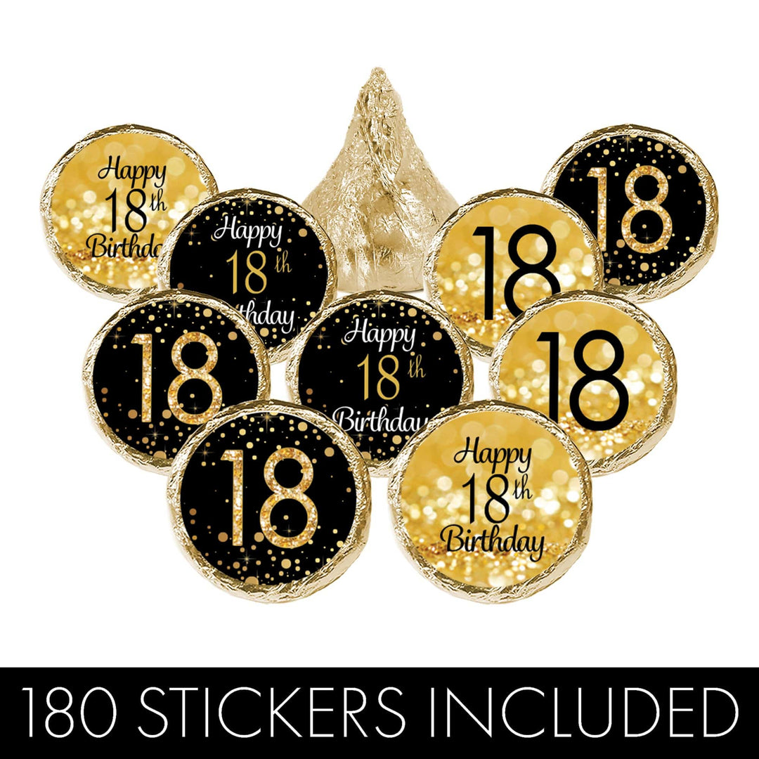 18th Birthday: Black and Gold - Party Favor Stickers - Fits on Hershey's Kisses - 180 Stickers - Distinctivs Party