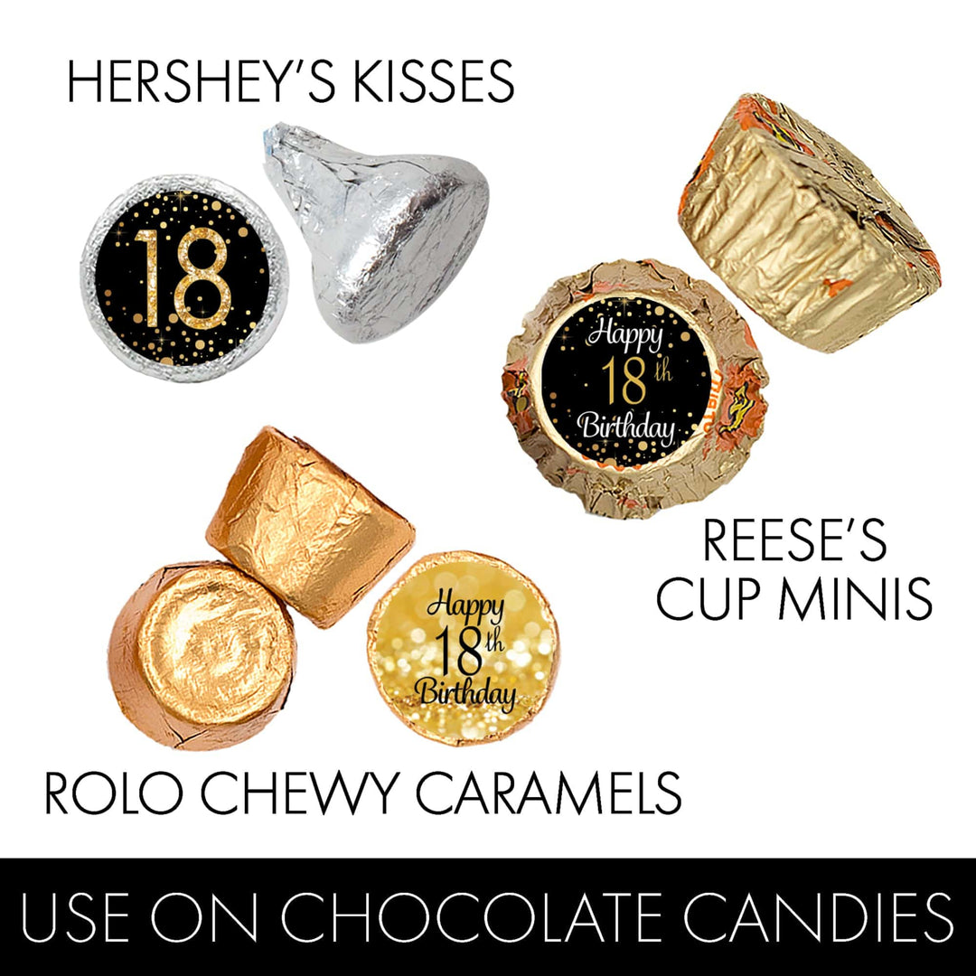 18th Birthday: Black and Gold - Party Favor Stickers - Fits on Hershey's Kisses - 180 Stickers - Distinctivs Party