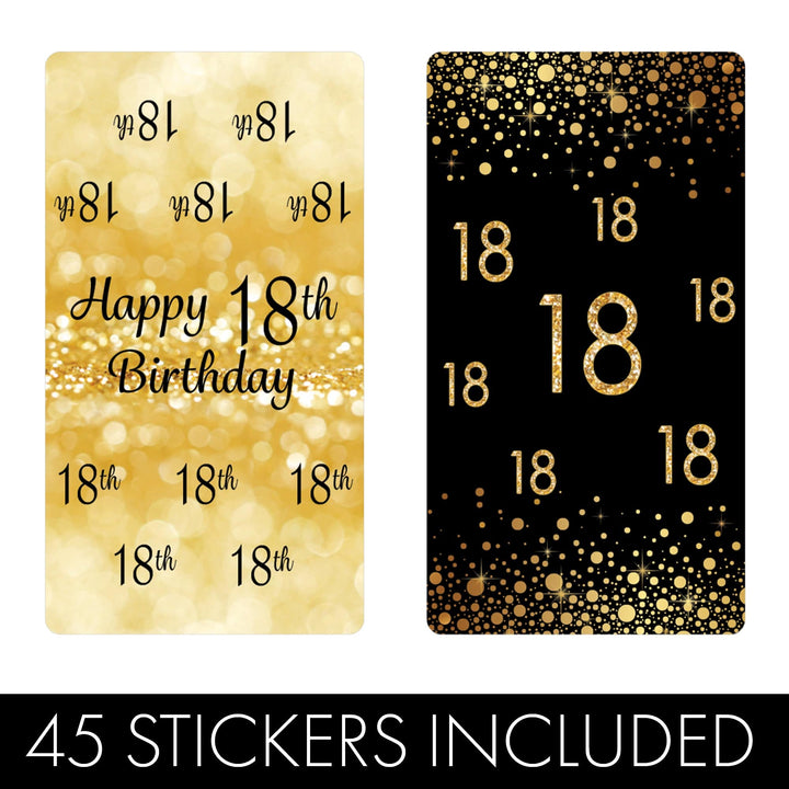 18th Birthday: Black and Gold - Hershey's Miniatures Candy Bar Wrappers Stickers - 45 Stickers - Distinctivs Party