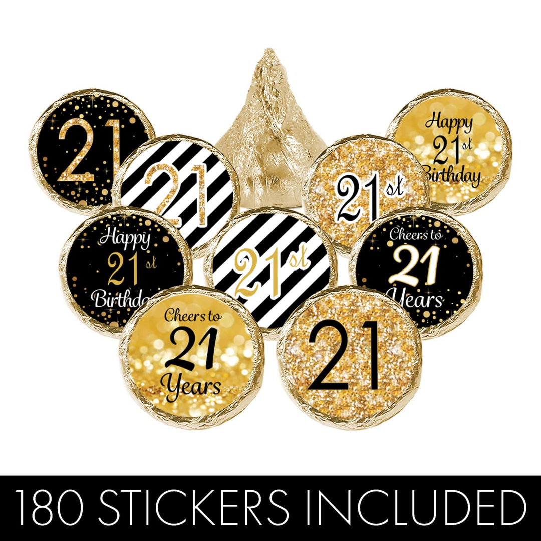 21st Birthday: Black and Gold - Party Favor Stickers - Fits on Hershey's Kisses - 180 Stickers - Distinctivs Party