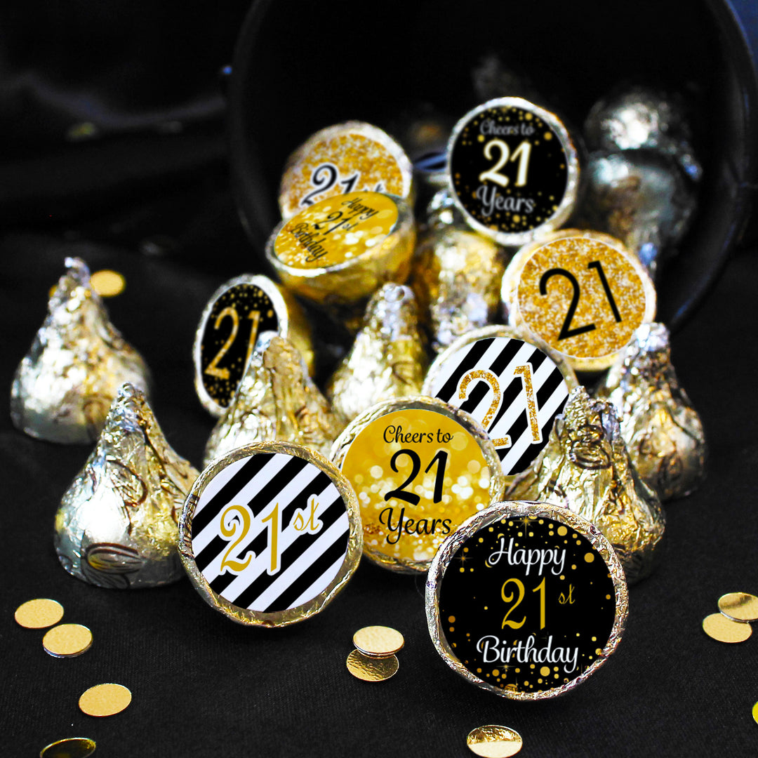 21st Birthday: Black and Gold - Party Favor Stickers - Fits on Hershey's Kisses - 180 Stickers