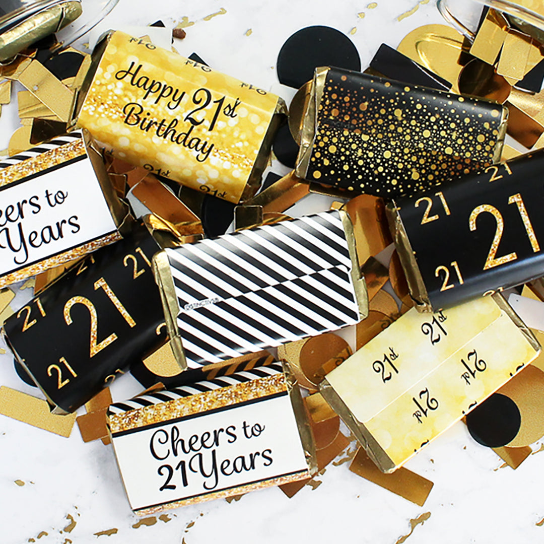 21 cumpleaños: negro y dorado - Pegatinas envoltorios para barra de caramelos en miniatura de Hershey's - 45 pegatinas