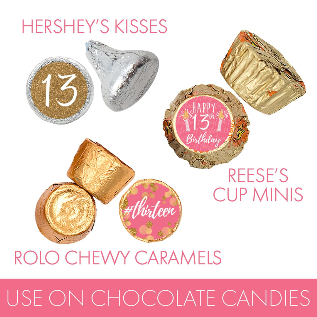 Decimotercer cumpleaños: Confeti dorado rosa y dorado - Calcomanías de fiesta - Se adapta a Hershey® Kisses - 180 calcomanías