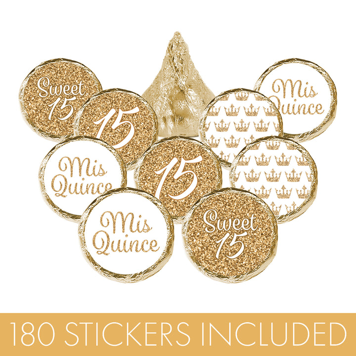 Quinceañera: White & Gold - Sparkling Mis Quince 15th Birthday - Party Favor Stickers - Fits on Hershey®Kisses - 180 Stickers - Distinctivs Party