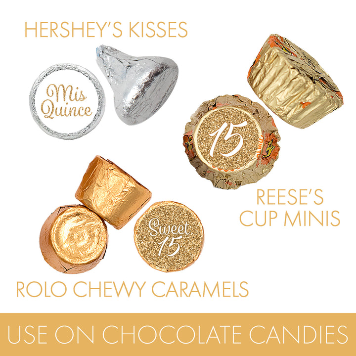 Quinceañera: White & Gold - Sparkling Mis Quince 15th Birthday - Party Favor Stickers - Fits on Hershey®Kisses - 180 Stickers - Distinctivs Party
